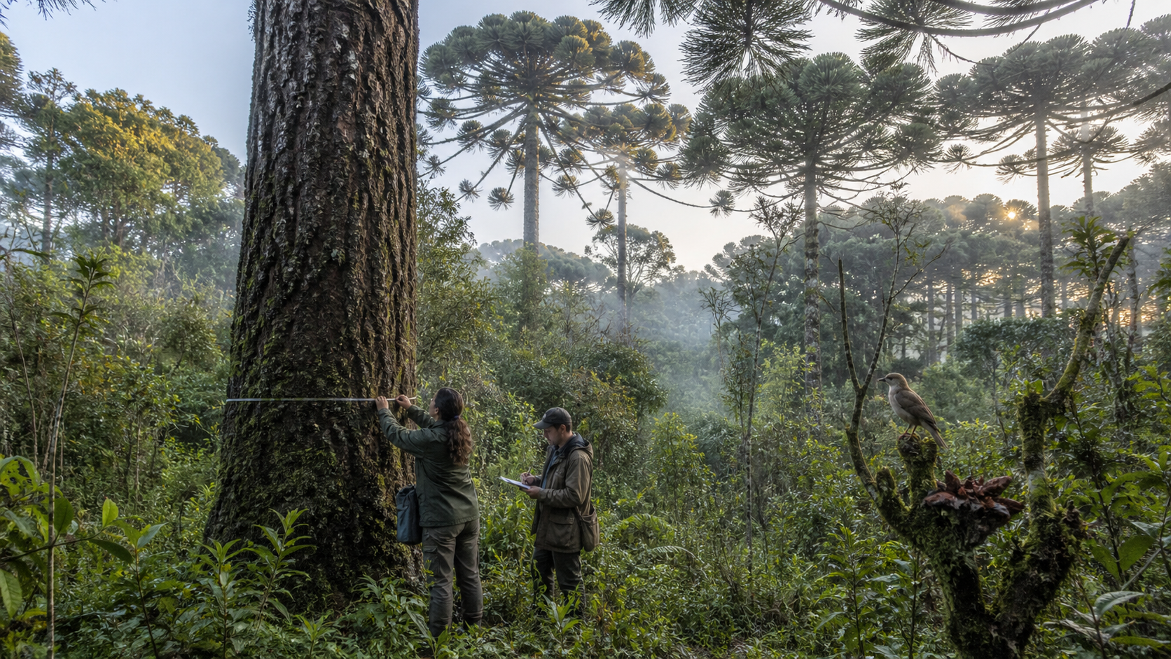 Botânicos monitoram uma araucária em Floresta Ombrófila Mista