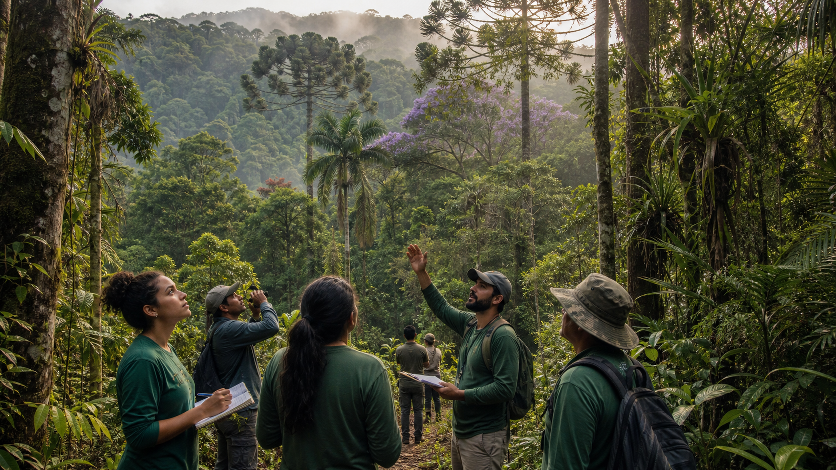 Pesquisadores observam árvores nativas em uma floresta da Mata Atlântica