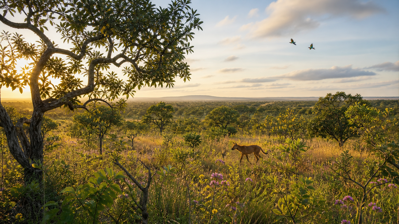 Paisagem biodiversa do Cerrado ao amanhecer com lobo-guará, vegetação nativa e aves