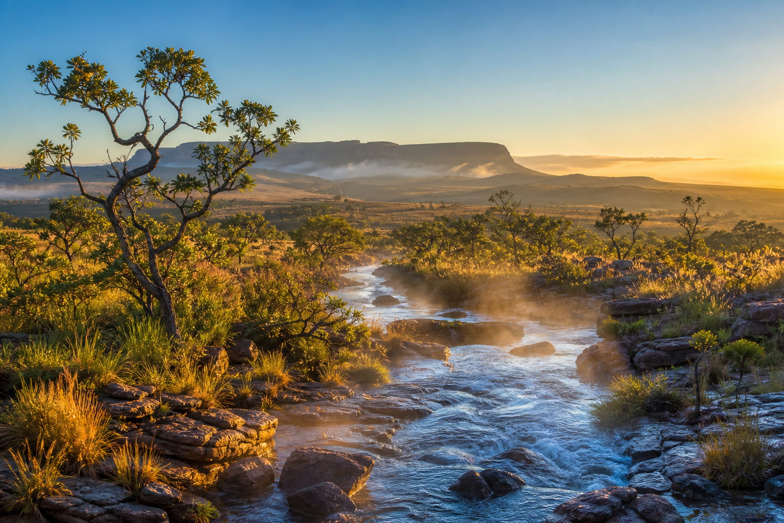 Paisagem do Cerrado ao amanhecer com vegetação nativa, chapada e curso de água