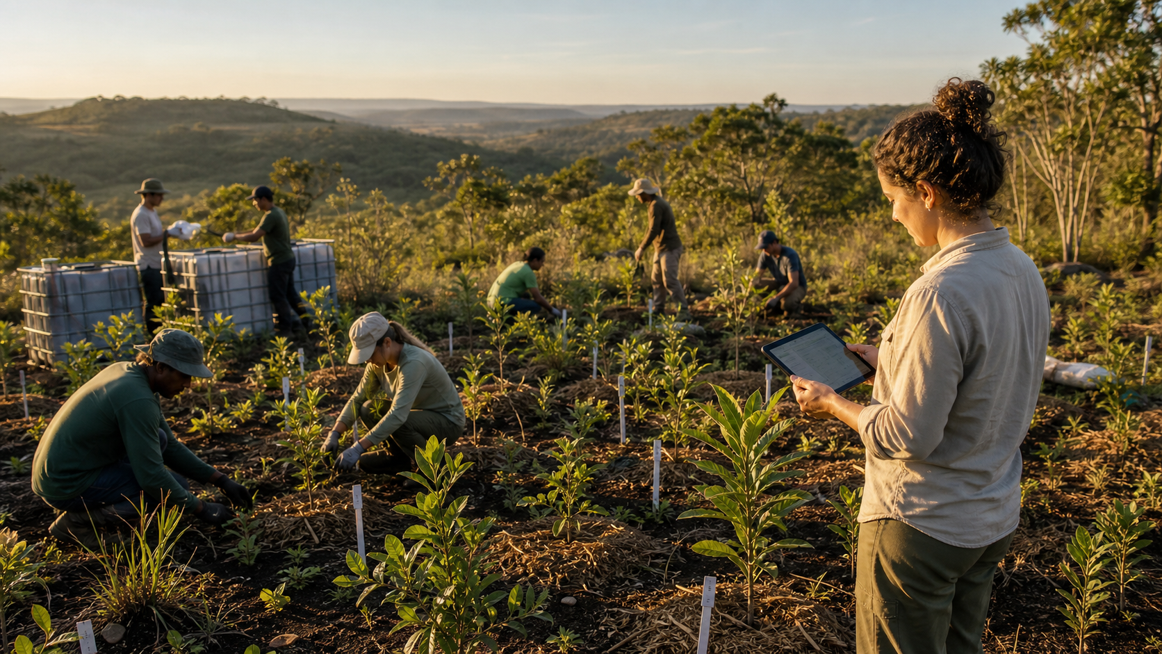 Equipe técnica, comunidade e voluntários realizando plantio diverso com monitoramento no Cerrado