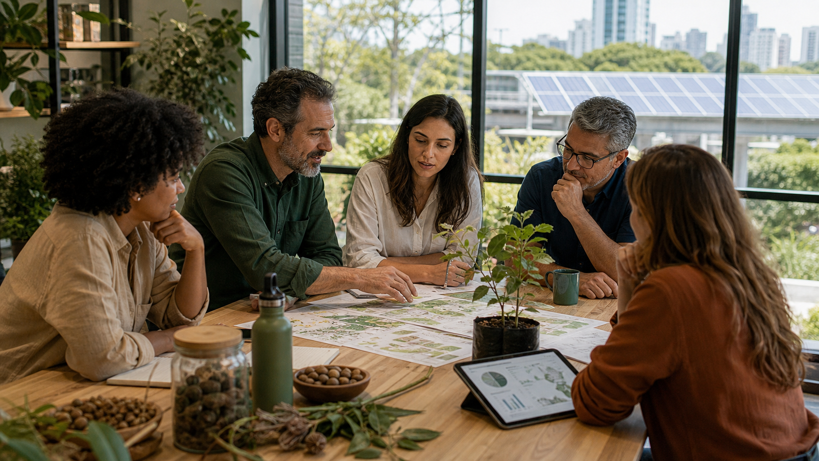 Equipe multidisciplinar planejando ações ESG com indicadores, sementes e uma muda nativa