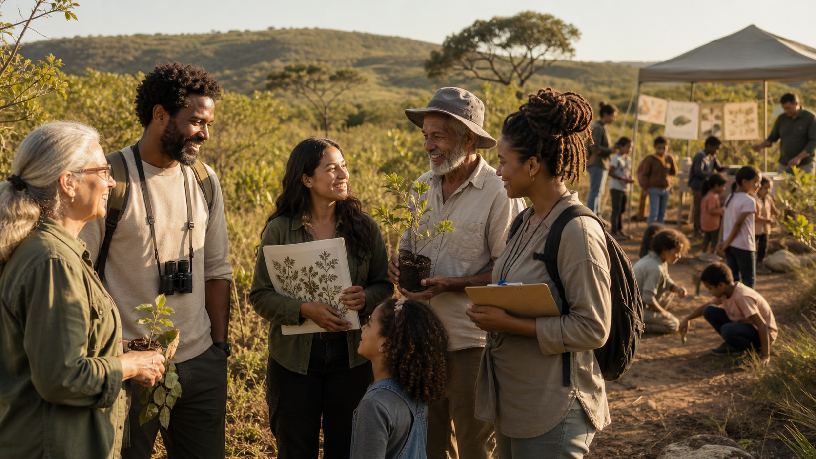 Educadores ambientais, voluntários e comunidade reunidos em atividade de educação no Cerrado