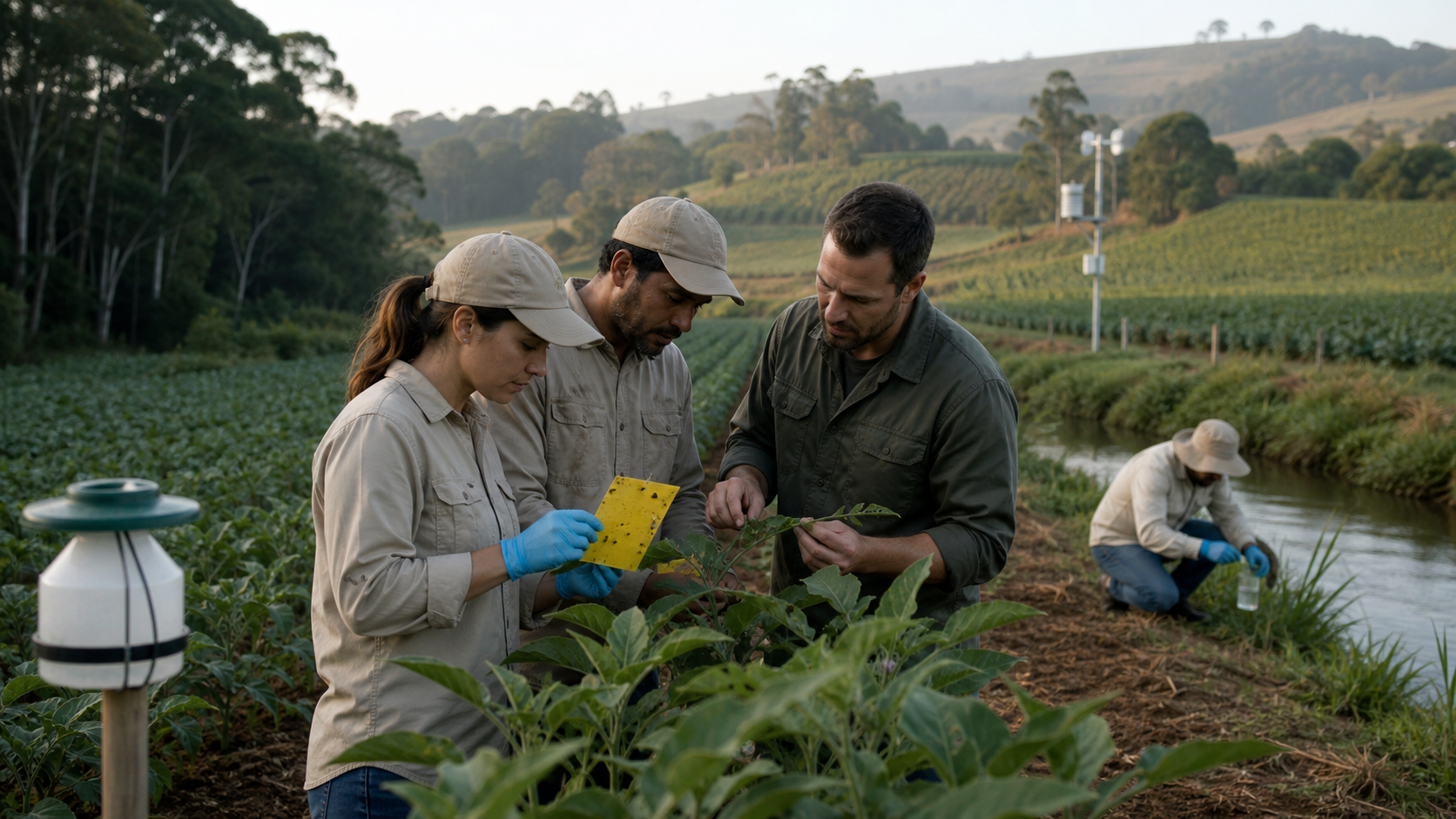 Equipe agrícola monitora pragas e a qualidade da água antes de decidir medidas de controle