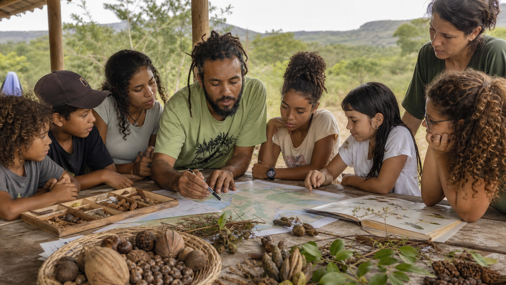 Educador e comunidade estudam o território e elementos da biodiversidade do Cerrado
