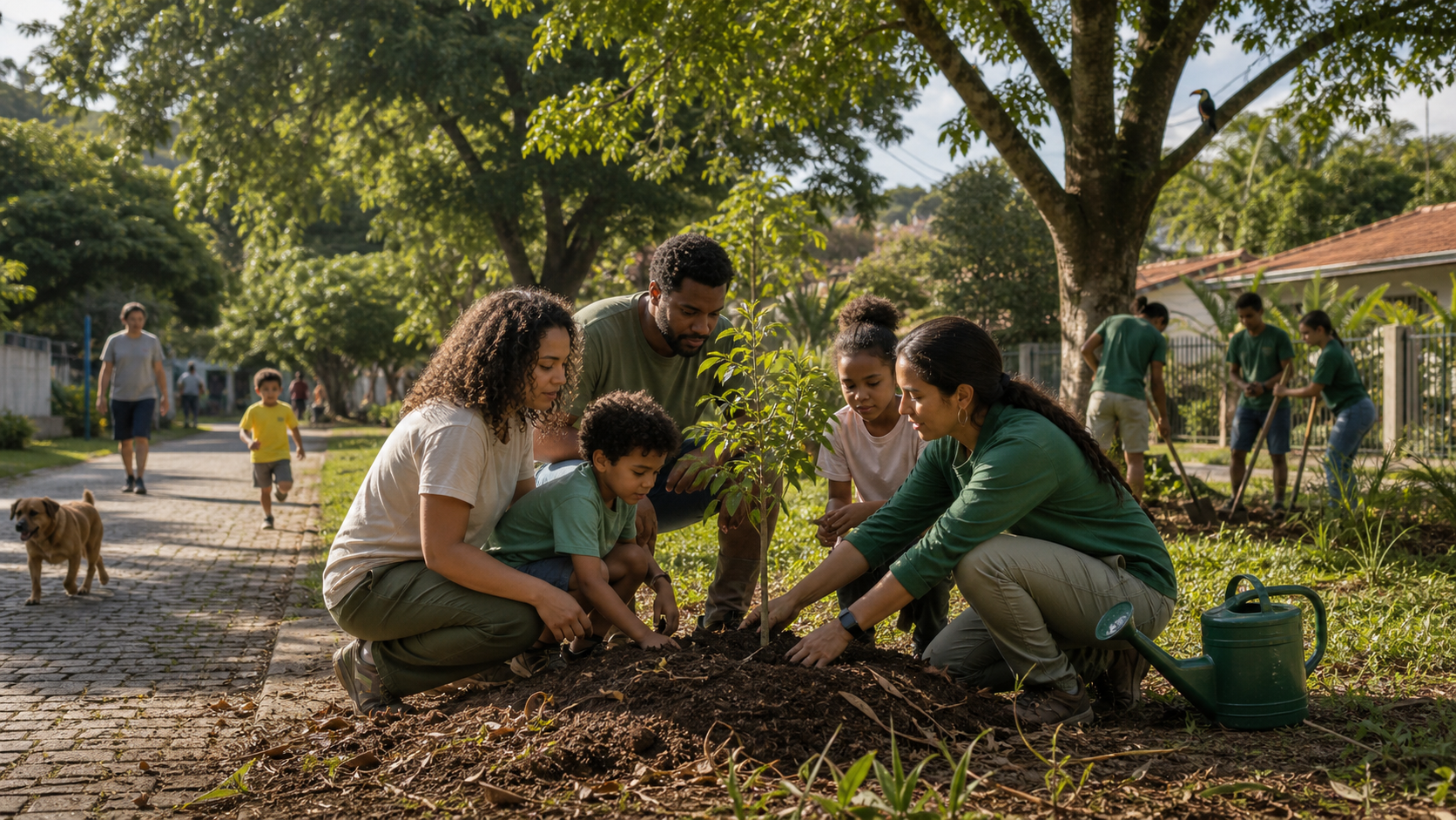 Família e educadora ambiental realizando o plantio correto de uma árvore nativa em área urbana