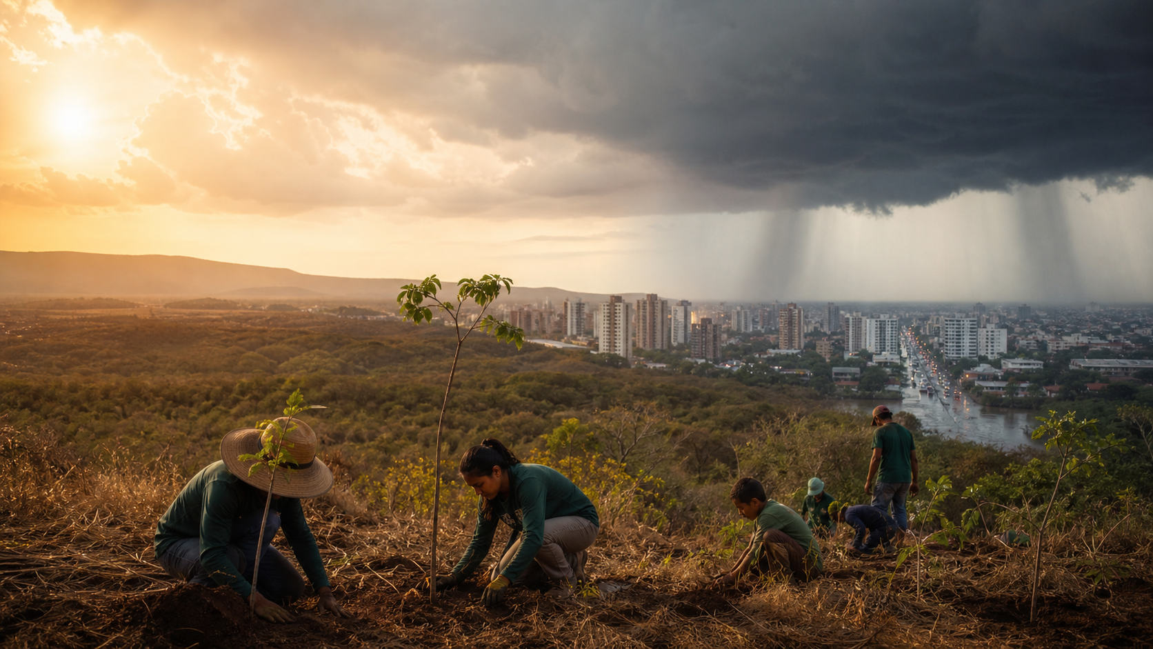 Contraste entre calor, chuva intensa e ações de restauração perto de uma cidade brasileira