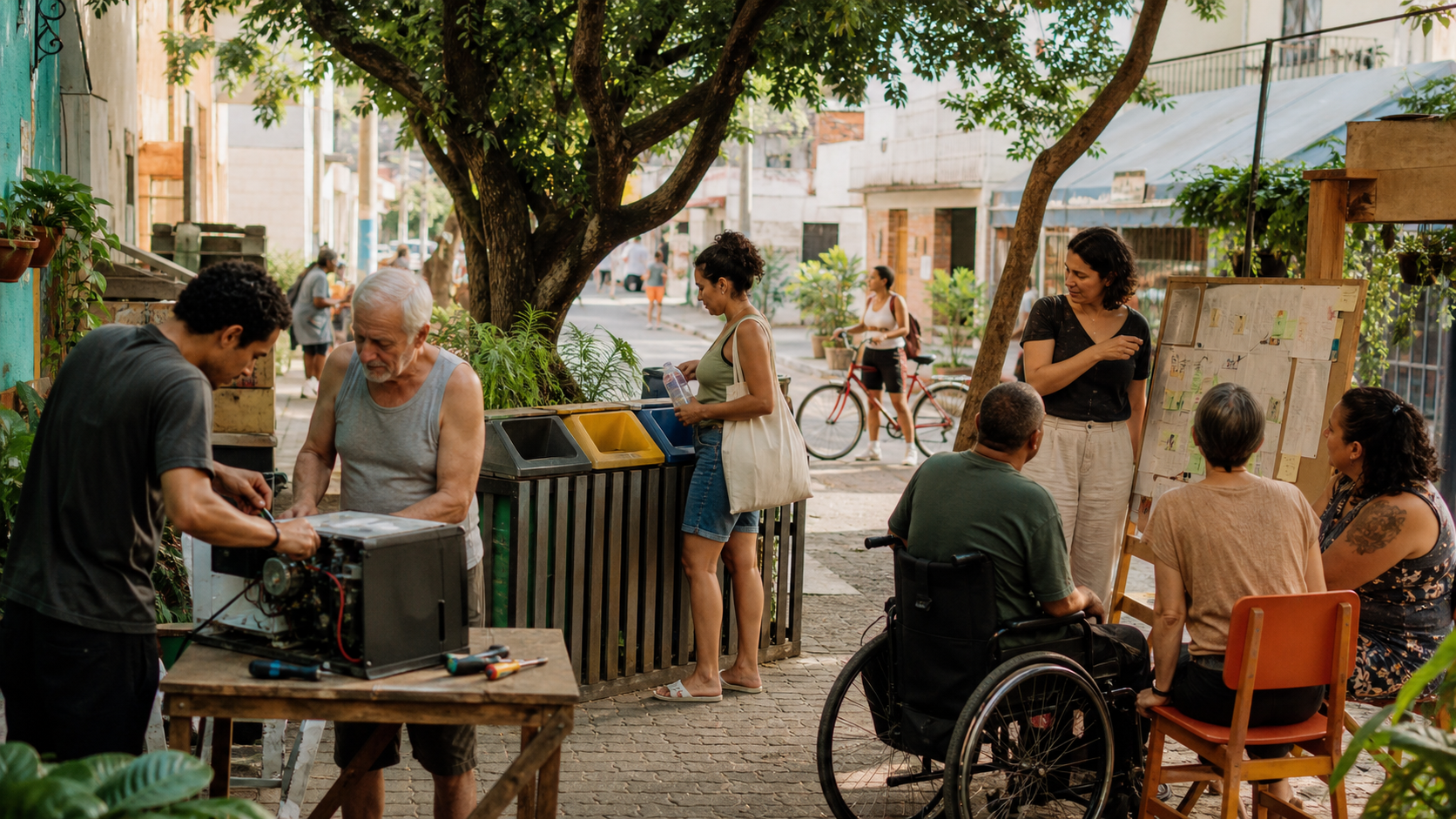 Vizinhos consertam objetos, separam resíduos e discutem melhorias para o bairro