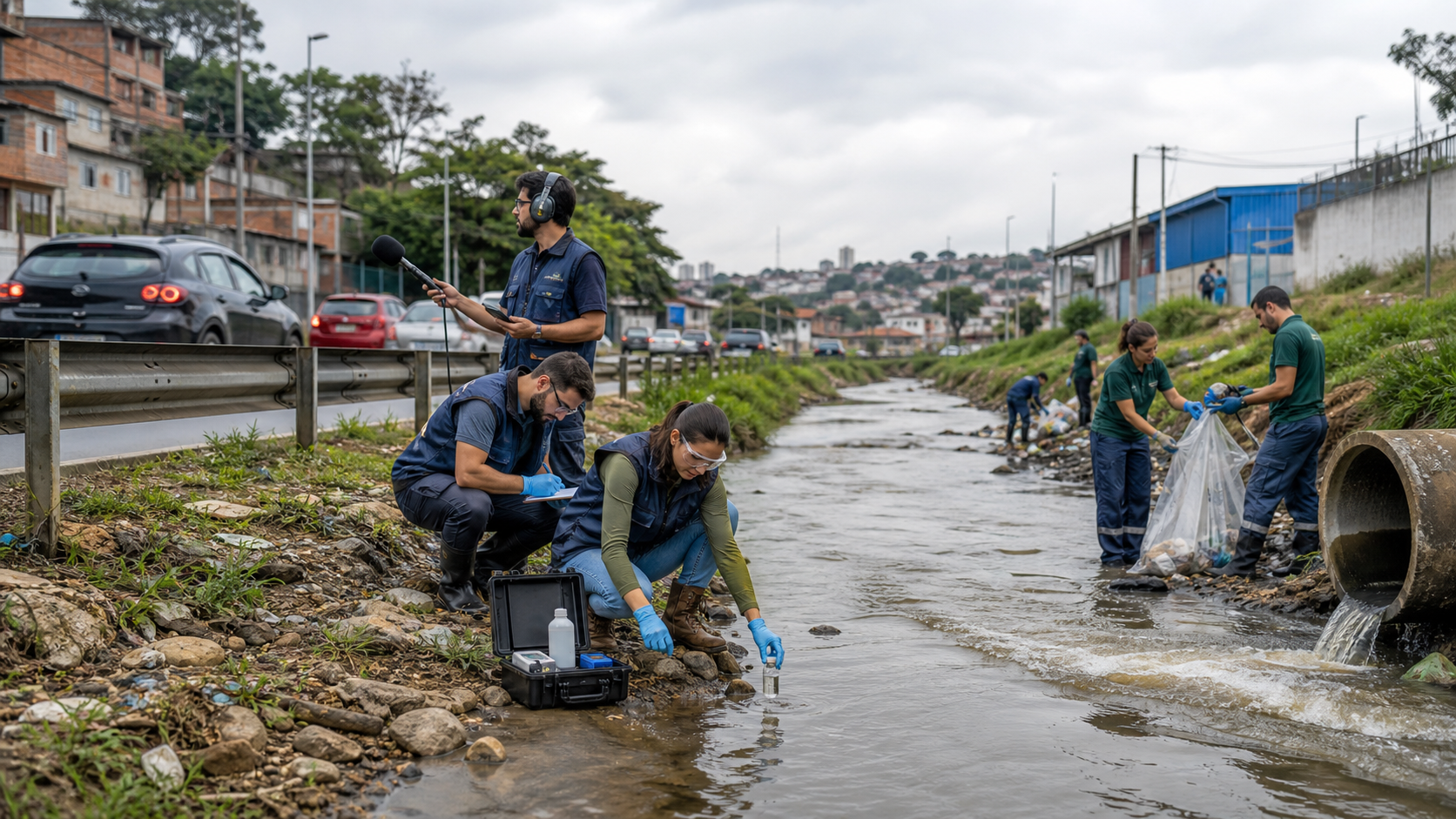 Equipe monitora água, ruído e resíduos em um córrego urbano