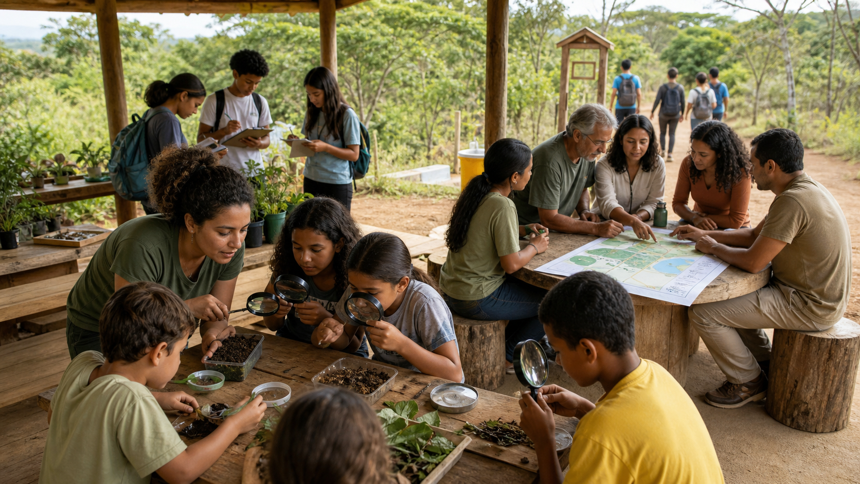 Crianças, jovens e adultos participam de atividades práticas de educação ambiental