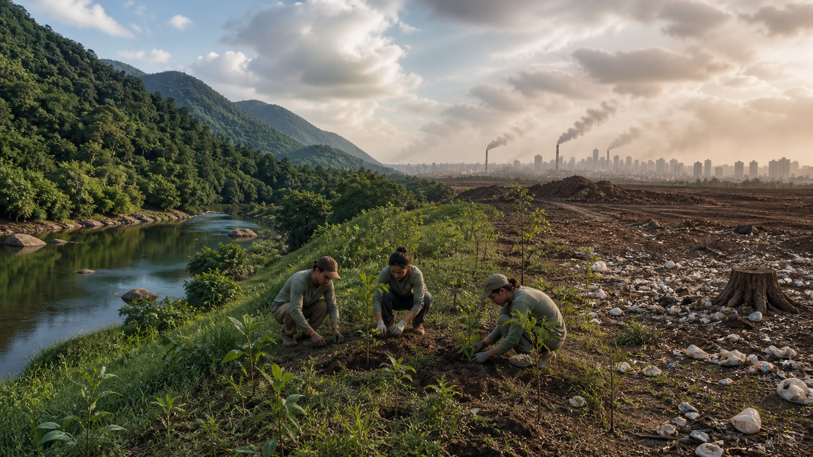 Equipe restaurando vegetação entre uma paisagem preservada e uma área urbana degradada