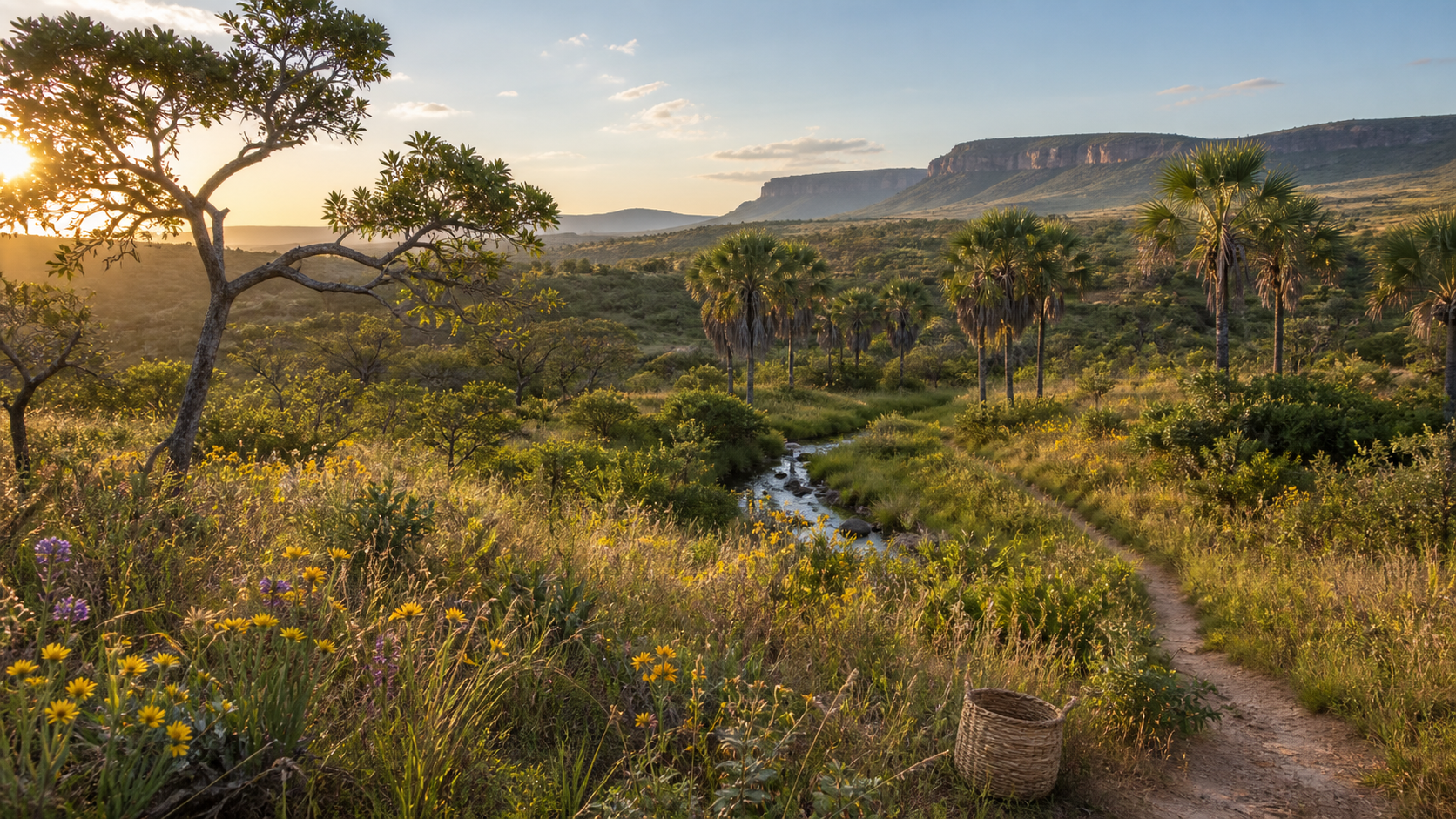 Mosaico de paisagens do Cerrado com vereda, campo florido, árvores nativas e chapada