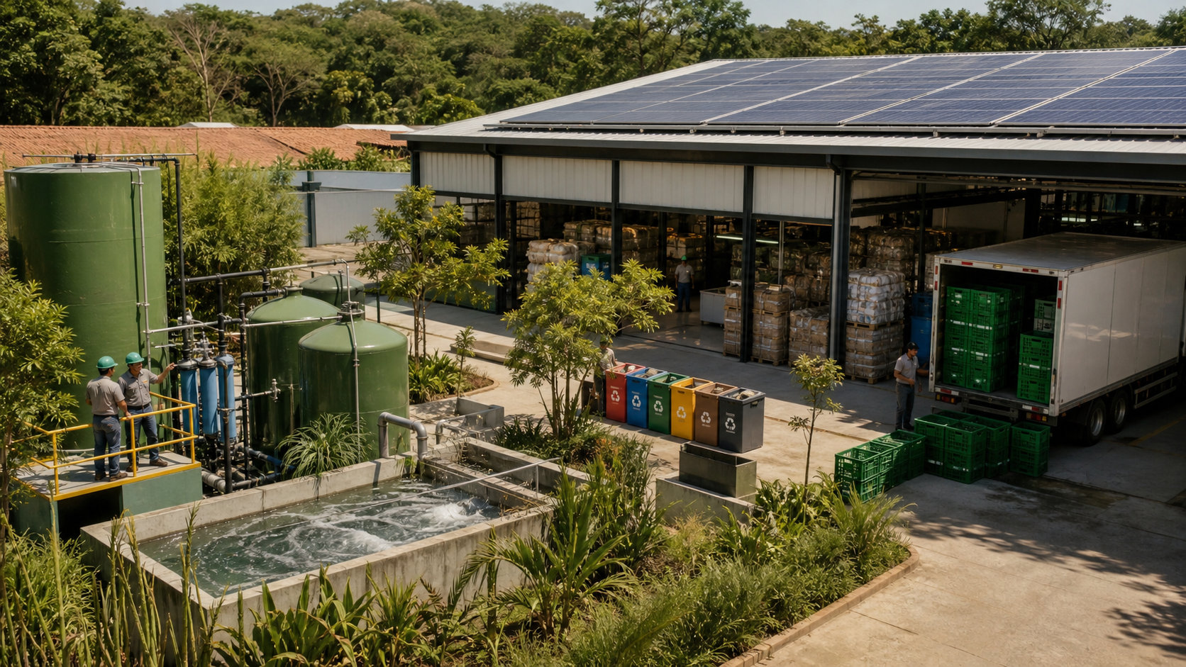 Instalação empresarial com energia solar, reúso de água, reciclagem e logística com caixas reutilizáveis