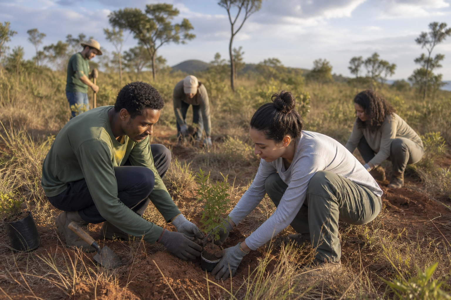 Voluntários plantando uma muda nativa em área de restauração do Cerrado
