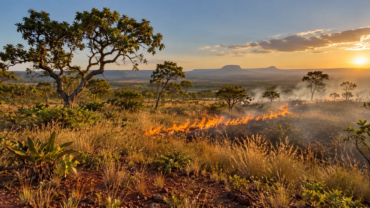 Queima controlada de baixa intensidade em paisagem preservada do Cerrado ao pôr do sol.