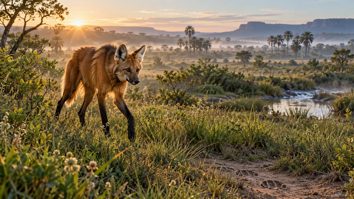 Lobo-guará caminhando em área nativa do Cerrado próxima a uma vereda.