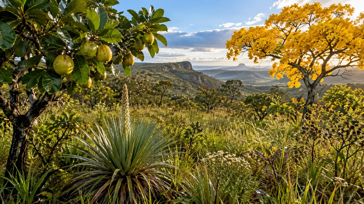 Flora nativa do Cerrado com pequi, canela-de-ema e ipê-amarelo.