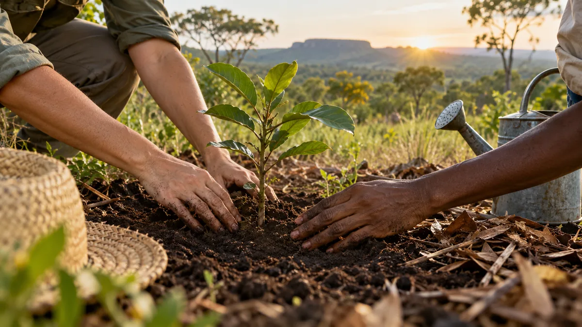 Mãos plantando muda nativa em projeto de restauração do Cerrado.