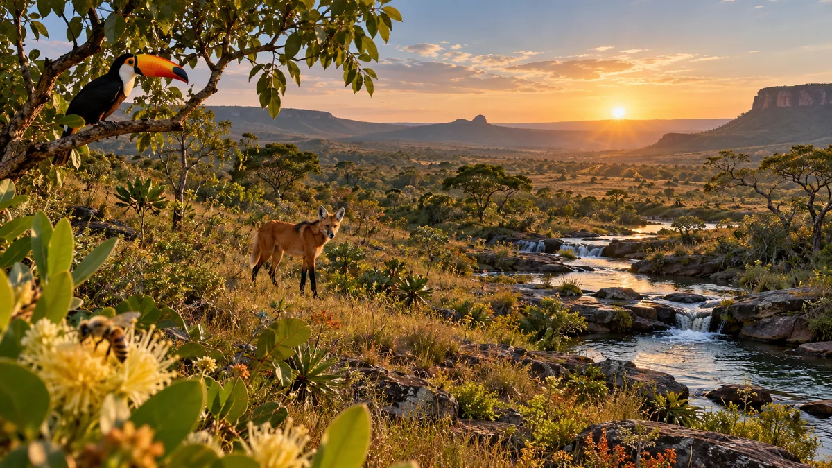 Paisagem biodiversa do Cerrado com lobo-guará, tucano, polinizador e curso d’água.