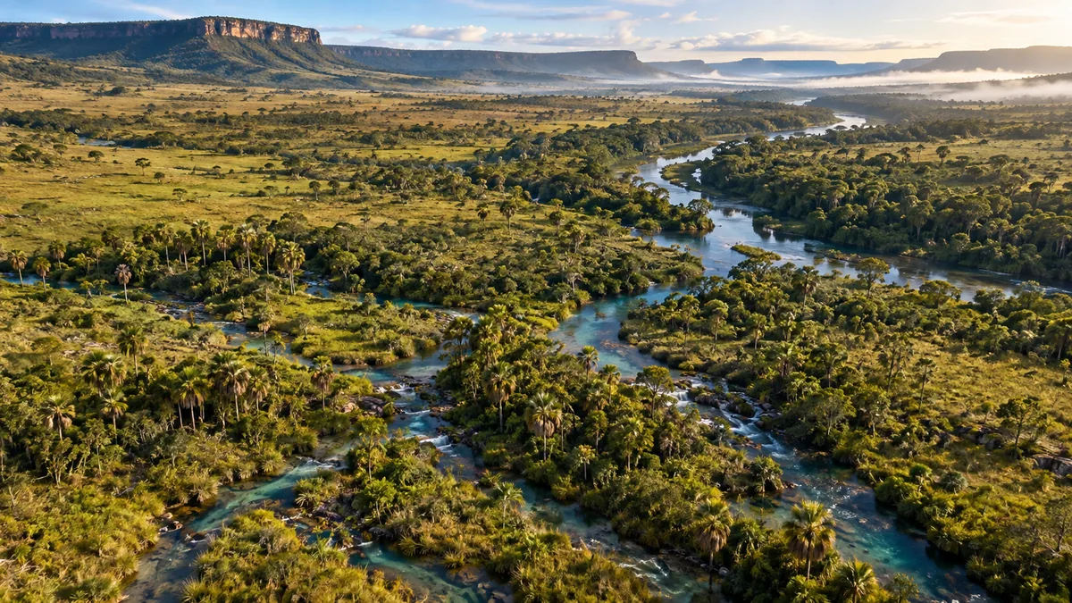 Nascentes e cursos d’água atravessando veredas e vegetação nativa do Cerrado.