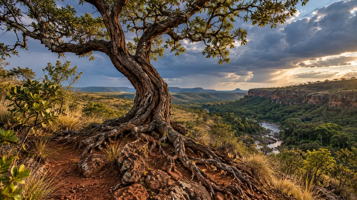 Árvore antiga do Cerrado com tronco retorcido e raízes profundas sobre solo rochoso.